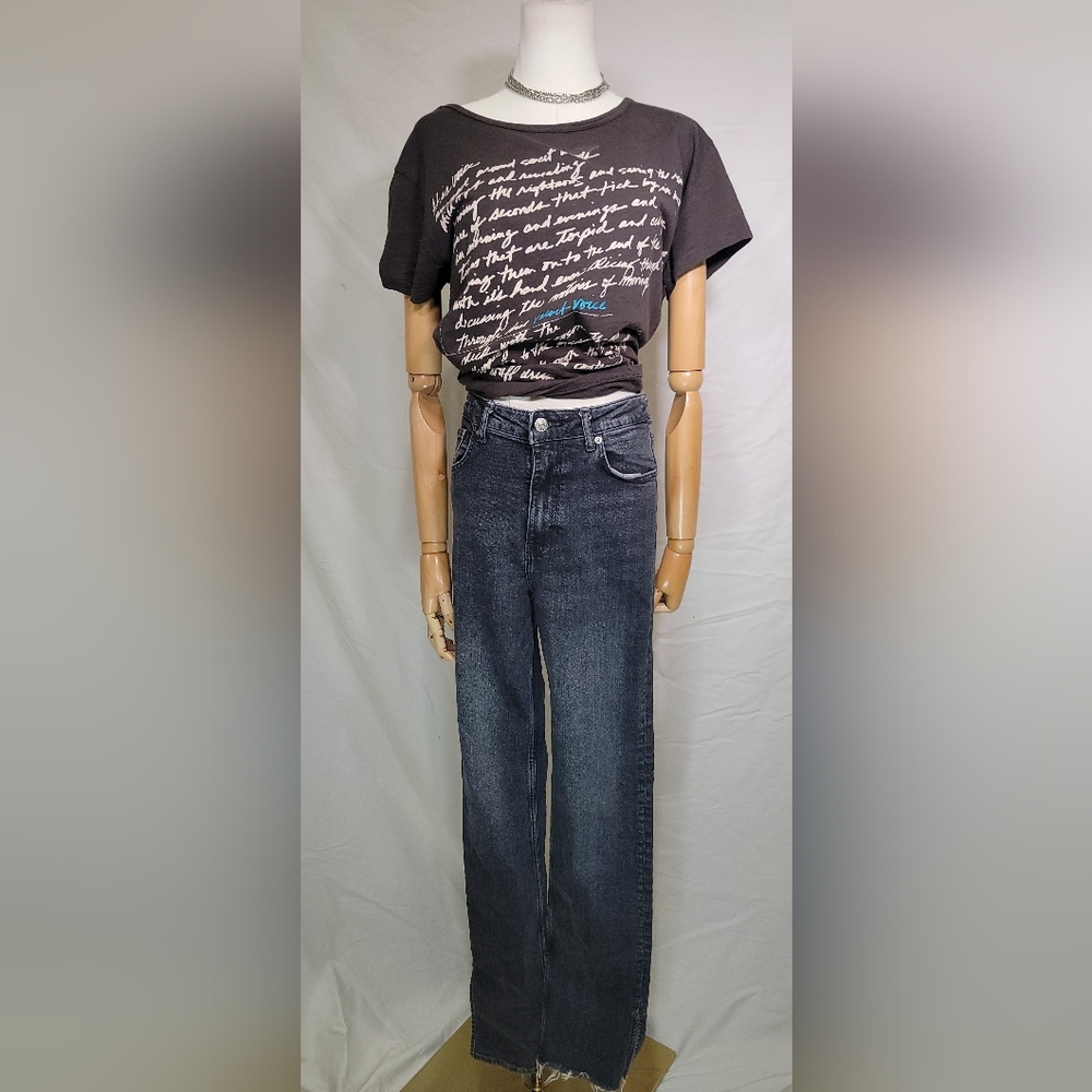 Zara Black/Gray High Waist Distressed Denim With Split Hem, Size 8